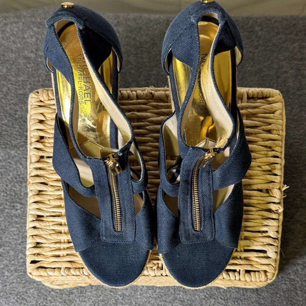 Michael Kors‎ Navy Canvas Espadrille Wedge Sandals Gold Zip Size 9.5